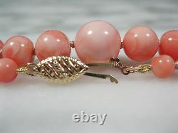 Vtg Chinese Natural Pink Angel Skin Coral Beaded Necklace 14k Gold Clasp 22 3/4