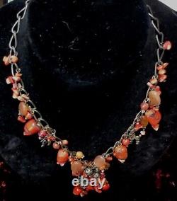 Vtg. Chunky Red Coral Bead Necklace 14 WithGold Earrings