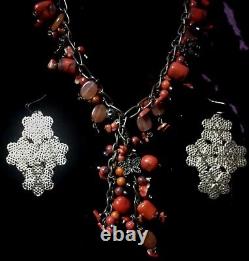 Vtg. Chunky Red Coral Bead Necklace 14 WithGold Earrings