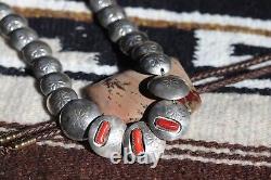 Vtg GRADUATED PILLOW BEAD coral shadowbox necklace Navajo disc saucer sterling