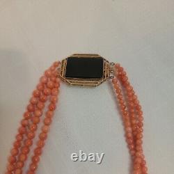 Vtg Genuine Salmon Angel Sk Coral Three Strand With Gold and Onyx Clasp Necklace
