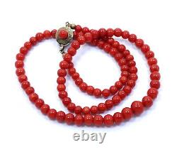 Vtg Graduated Deep OX BLOOD RED CORAL Bead Strand Italy 800 Silver 18 Necklace