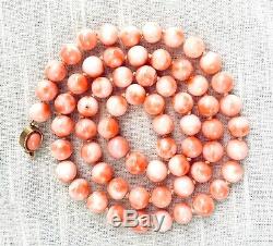 Vtg Hand Knotted String of Pink Angel Skin Coral 9mm Bead Necklace, 26 As Is