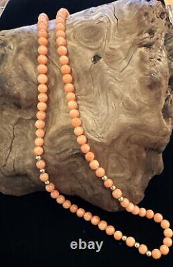 Vtg Mediterranean Coral Beaded Necklace 14K Gold Clasp Light Orange Hand Strung