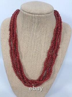 Vtg Native American M. G. Sterling Silver Red Coral Beads 5 Strands Necklace