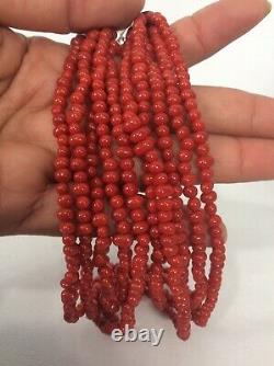 Vtg Native American M. G. Sterling Silver Red Coral Beads 5 Strands Necklace