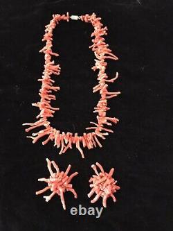 Vtg Natural Mediterranean Salmon Red Coral Branch Necklace WithEarrings ITALY 18