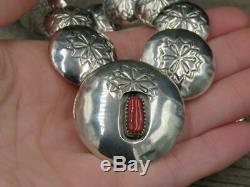 Vtg Navajo Jeff Largo Sterling Hand Tooled Disc Bead Coral Reversible Necklace