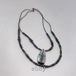 Vtg Necklace Turquoise Coral Tribal Silver Tube Beads Southwest Boho Two strand