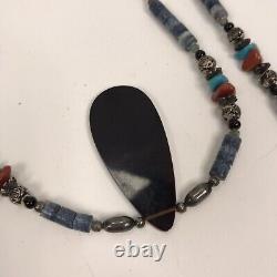 Vtg Necklace Turquoise Coral Tribal Silver Tube Beads Southwest Boho Two strand