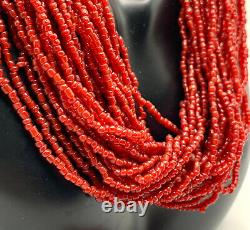 Vtg Sterling 925 Red Coral Heishi Loop Earrings + 30-Strand Glass Bead Necklace