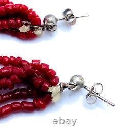 Vtg Sterling 925 Red Coral Heishi Loop Earrings + 30-Strand Glass Bead Necklace