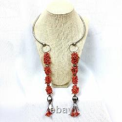 Vtg Sterling Silver Coral Beaded Squash Blossom Open Front Choker Necklace