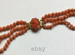 Vtg Triple 3 Row Natural Salmon Red Coral Beads Gold Cameo Clasp Necklace 42.2g
