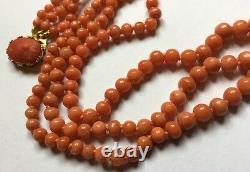 Vtg Triple 3 Row Natural Salmon Red Coral Beads Gold Cameo Clasp Necklace 42.2g
