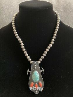 Vtg Turquoise Coral Pendant Navajo Bead Sterling Silver Necklace & Ring