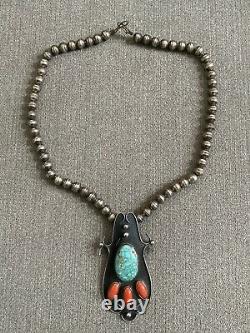 Vtg Turquoise Coral Pendant Navajo Bead Sterling Silver Necklace & Ring
