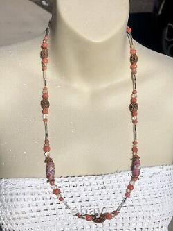 Vtg Wedding Cake Glass, Coral Glass, Clear Glass & Honeycomb Bead Necklace Old