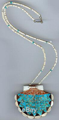 Vtg Zuni Indian Heishi Bead Inlaid Turquoise Coral Onyx Mosaic Shell Necklace