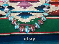 WOWSterling Etched Navajo Pearl Bench Bead Inlay Turquoise Coral Pearl Necklace
