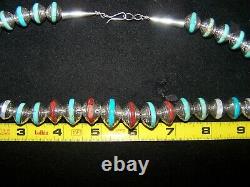 WOWSterling Etched Navajo Pearl Bench Bead Inlay Turquoise Coral Pearl Necklace