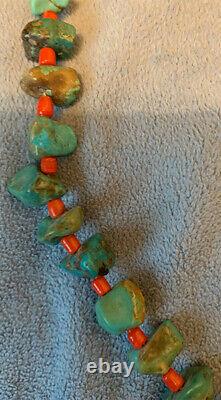 Wonderful Native American Green Turquoise Nuggets Coral Beads Necklace Hand Made