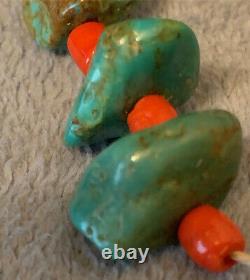 Wonderful Native American Green Turquoise Nuggets Coral Beads Necklace Hand Made
