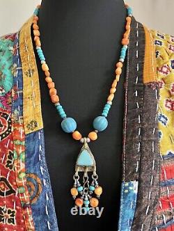 Yemeni Turkmen inlaid turquoise & salmon coral ethnic handmade bohemian necklace