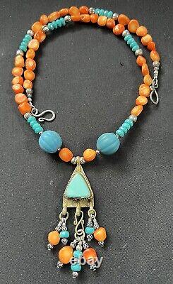 Yemeni Turkmen inlaid turquoise & salmon coral ethnic handmade bohemian necklace