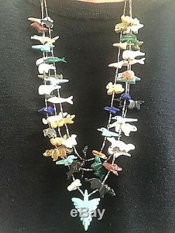 Zuni 3 Strand Heishi Bead Lapis Coral Turquoise Onyx Animal Fetish Necklace