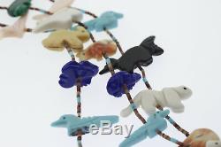 Zuni 3 Strand Heishi Bead Lapis Coral Turquoise Onyx Animal Fetish Necklace