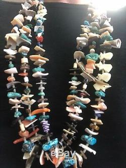 Zuni 3 Strand Heishi Bead Turquoise Coral Amethyst Lapis Animal Fetish Necklace